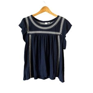 Gap Blue & White Embroidered Short Sleeve Peasant Top - Sz XL